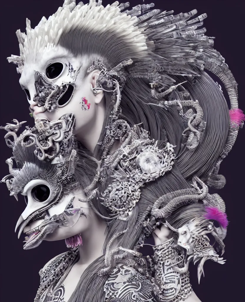 Image similar to 3 d goddess close - up profile portrait punk with mohawk with ram skull. beautiful intricately detailed japanese crow kitsune mask and clasical japanese kimono. betta fish, jellyfish phoenix, bio luminescent, plasma, ice, water, wind, creature, artwork by tooth wu and wlop and beeple and greg rutkowski