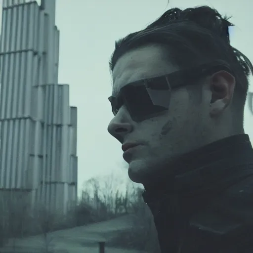 Prompt: dustin bates from starset in an epic cinematic shot, standing in the streets of a distopian future city made of brutalist architecture