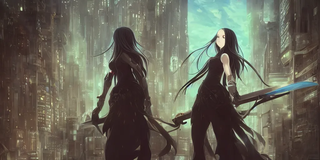 Prompt: girl with long black hair and a long black sword in front of a sci fi cityscape, ryohei fuke, makoto shinkai, detailed, cinematic, ultra - wide angle, dark sepia toned shading, luminescent eyes, blue fire.