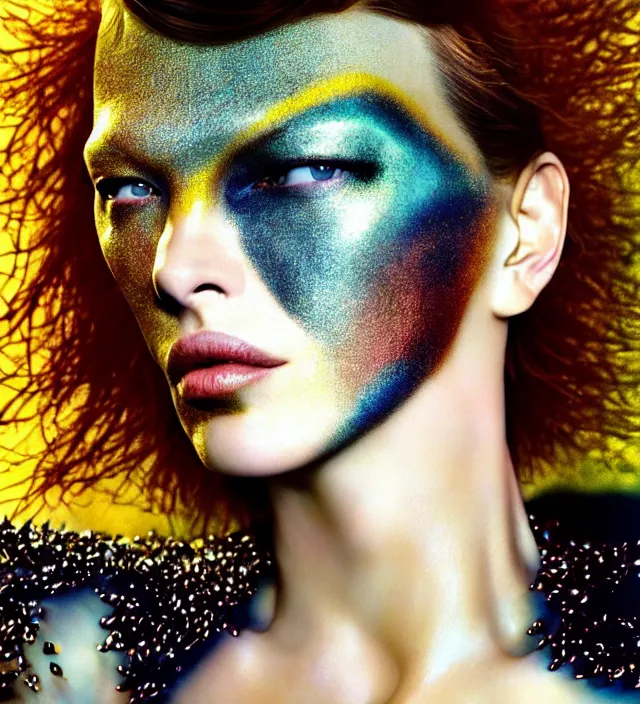 Prompt: photography facial portrait of milla jovovich,, wearing organic futurist clothed designed by iris van herpen, with a subtle colorfull - makeup. sky forest background, natural pose, highly detailed, skin grain detail, photography by paolo roversi, nick knight, helmut newton, avedon, araki