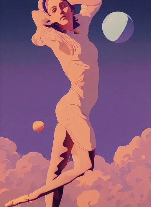 Image similar to poster artwork by michael whelan and tomer hanuka, portrait of beautiful sensual dancer in the clouds of jupiter, clean, art deco