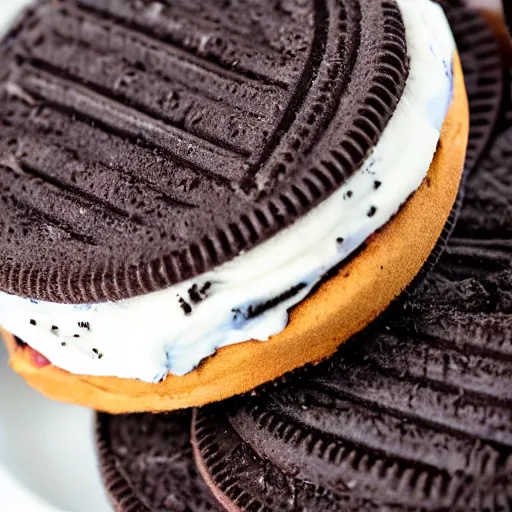 Image similar to oreo Ice cream sandwich with thin sliced ham in the middle, 4K photo, studio lighting