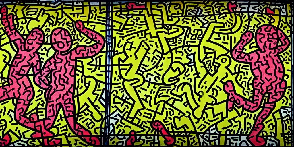 Prompt: a small stained glass window depicting Keith haring graffiti art in the middle of a huge lush taiga forest at sunrise, hyperrealistic, concept art, octane render, unreal engine 5, trending on Artstation, high quality, 8K, dramatic lighting, cinematic, high coherence, highly detailed, Midjourney style, epic scene, path traced, low contrast, complementary colors