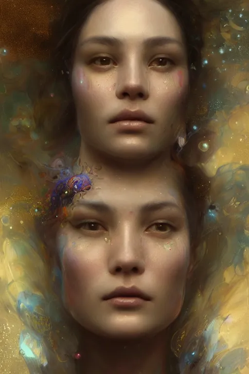 Prompt: face closeup of beautiful fractal girl in intricate detailed oilpaint, 3 d render, hyper realistic detailed portrait, fyling silk, ruan jia, wlop. scifi, fantasy, hyper detailed, octane render, concept art, by peter mohrbacher, by gustav klimt, by wlop, by ruan jia