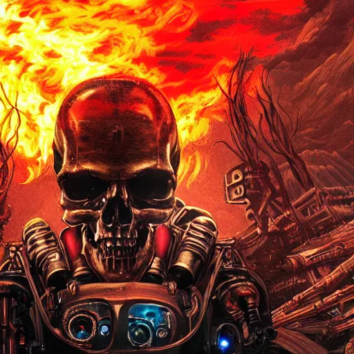 Image similar to terminator skull on flaming town background, acrilic paint, digital, artstation, detailed intricate ink illustration, heavenly atmosphere, digital art, overdetailed art, concept art, complementing colors, trending on artstation, cgstudio, the most beautiful image ever created, dramatic, subtle, details, award winning artwork, beautiful scenery