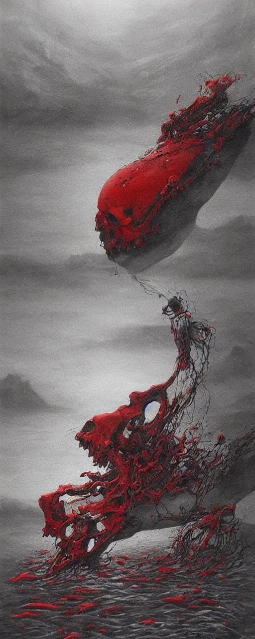 Image similar to dead river, dead fish, skull, poland, red color, highly detailed, 8 k, artstation, beutifull, masterpiece by beksinski