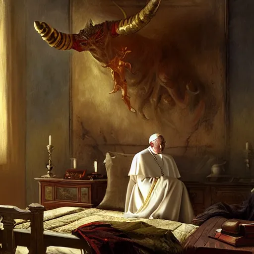 Image similar to the pope is in his bedroom, scared because a horned demon is attacking him. highly detailed painting by gaston bussiere, greg rutkowski, craig mullins 8 k