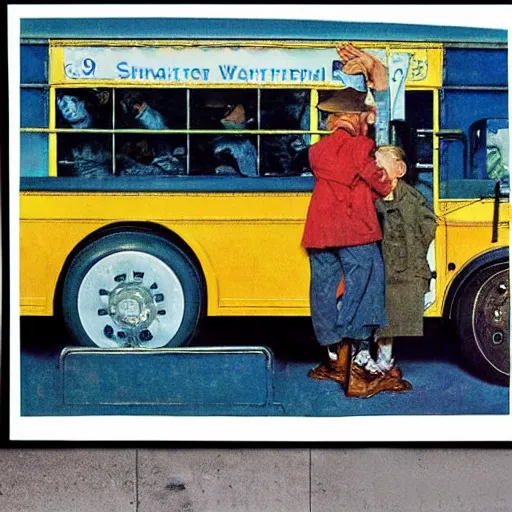 Image similar to Walter white driving a school bus full of Water Whites, Norman Rockwell