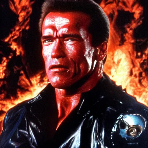 Prompt: Arnold Schwarzenegger's Teminator fights Evil Spirit, heaven and hell together, pure chaos,