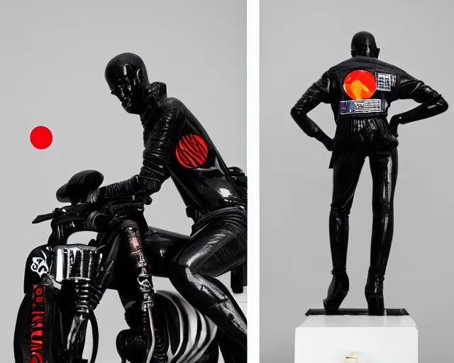 Image similar to extremely beautiful black marble statue with colorful japanese motorcycle logos in the style of fashion designer virgil abloh, sharp focus, clear, detailed,, cinematic, detailed, off white, glamourous, symmetrical, vogue, editorial, fashion, magazine shoot, glossy