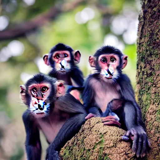 Image similar to a group of monkeys sitting on top of a tree, a tilt shift photo by Alex Petruk APe, unsplash contest winner, sumatraism, national geographic photo, photo taken with nikon d750, iso 200