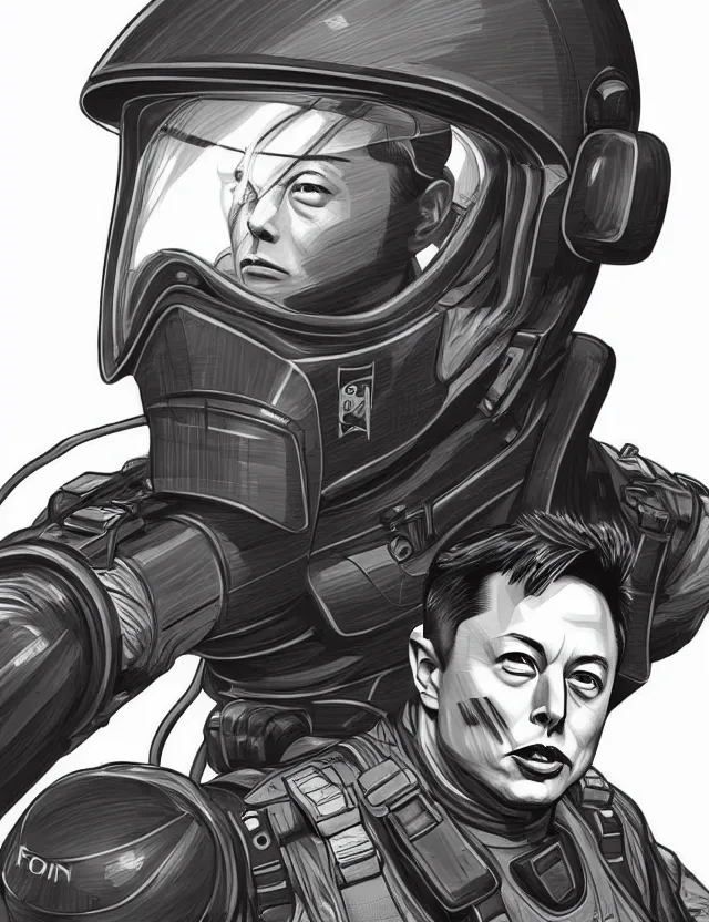 Image similar to a detailed manga illustration of elon musk in tactical gear, trending on artstation, digital art, 4 k resolution, detailed, high quality, sharp focus, hq artwork, coherent, insane detail, character portrait