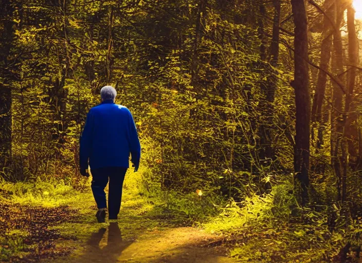 Prompt: a 3 5 mm photo from the back of a senior citizen walking in the woods, splash art, movie still, bokeh, canon 5 0 mm, cinematic lighting, dramatic, film, photography, golden hour, depth of field, award - winning, anamorphic lens flare, 8 k, hyper detailed, 3 5 mm film grain