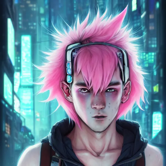 Image similar to character concept art of a cyberpunk boy with pink hair and pink wolf ears and freckles | | cute - fine - face, pretty face, key visual, realistic shaded perfect face, fine details by stanley artgerm lau, wlop, rossdraws, james jean, andrei riabovitchev, marc simonetti, and sakimichan, trending on artstation