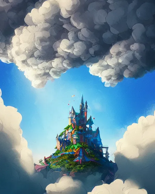 Image similar to flying cloud castle, bubble buildings, illustration, bright, blue sky, mountains, colorful, cinematic lighting, fantasy, high detail, masterpiece, artstation, 4 k, art by wylie beckert