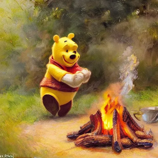 Image similar to close up of winnie the pooh cooking a whole hog roast over a fire, cinematographic shot, by daniel f. gerhartz