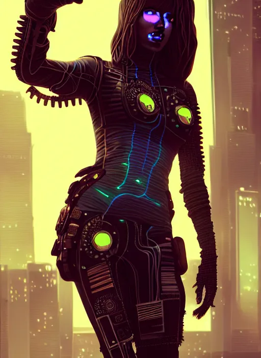 Image similar to soft lustrous full body ebony biotech raver gutter punk cyberpunk, golden ratio, details, scifi, fantasy, cyberpunk, intricate, decadent, highly detailed, digital painting, octane render, artstation, concept art, smooth, sharp focus, illustration, art by artgerm, loish, wlop