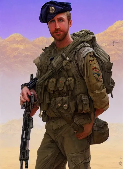 Prompt: purple scene lighting, detailed character portrait!!! concept art, ryan gosling as a soldier with beard, short hair, in a soldier uniform, desert with city in the background, sharp focus, illustration, highly detailed, digital painting, concept art, matte, art by wlop and artgerm and greg rutkowski, masterpiece