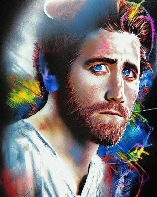 Prompt: jake gyllenhaal in donne darko, airbrush, drew struzan illustration art, key art, movie poster