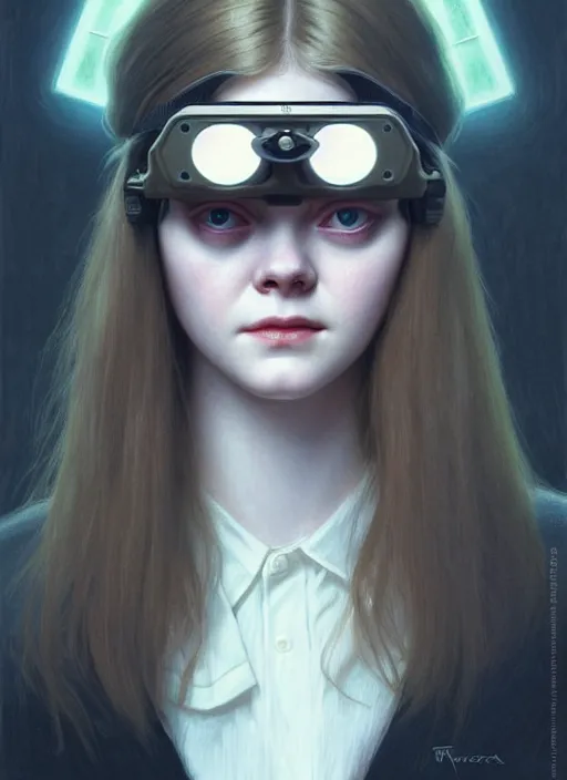 Prompt: symmetry!! portrait of elle fanning wearing night vision goggles, horror, fashion, dark!! intricate, elegant, highly detailed, digital painting, artstation, concept art, smooth, sharp focus, illustration, art by artgerm and greg rutkowski and alphonse mucha