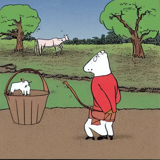 Image similar to a cow points at a bucket, illustrated by gary larson, far side comic, b & w