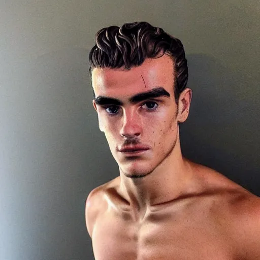 Image similar to “ a realistic detailed photo of a guy who is an attractive humanoid who is half robot and half humanoid, who is a male android, soccer player antoine griezmann, shiny skin, posing like a statue, blank stare, at the museum, on display ”