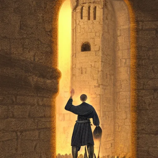 Image similar to Digital portrait of a terrified catholic priest in his twenties fervently praying at the top of a medieval tower. He is looking horrified as a yellow shadow descends upon him from the night sky. Dramatic lighting. Award-winning digital art, trending on ArtStation
