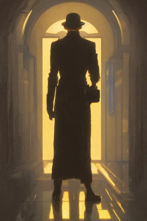 Prompt: detective, standing in a pristine gleaming restroom, dramatic backlighting, autochrome, high contrast, highly detailed, sharp focus, digital painting, concept art, illustration, trending on artstation, art by greg rutkowski and greg hildebrandt, composition by alphonse mucha