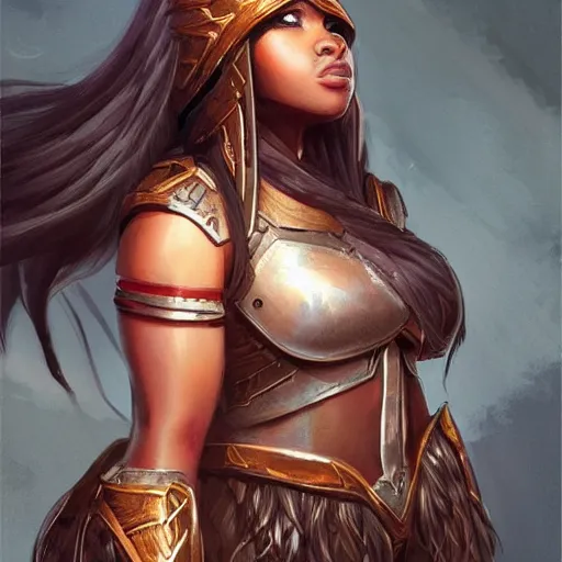 Prompt: Curvy African American girl with long firey flowing hairby rossdraws,greg rutkowski,and Sarah Andersen,ambient style, very detailed,detailed armor,detailed helmet