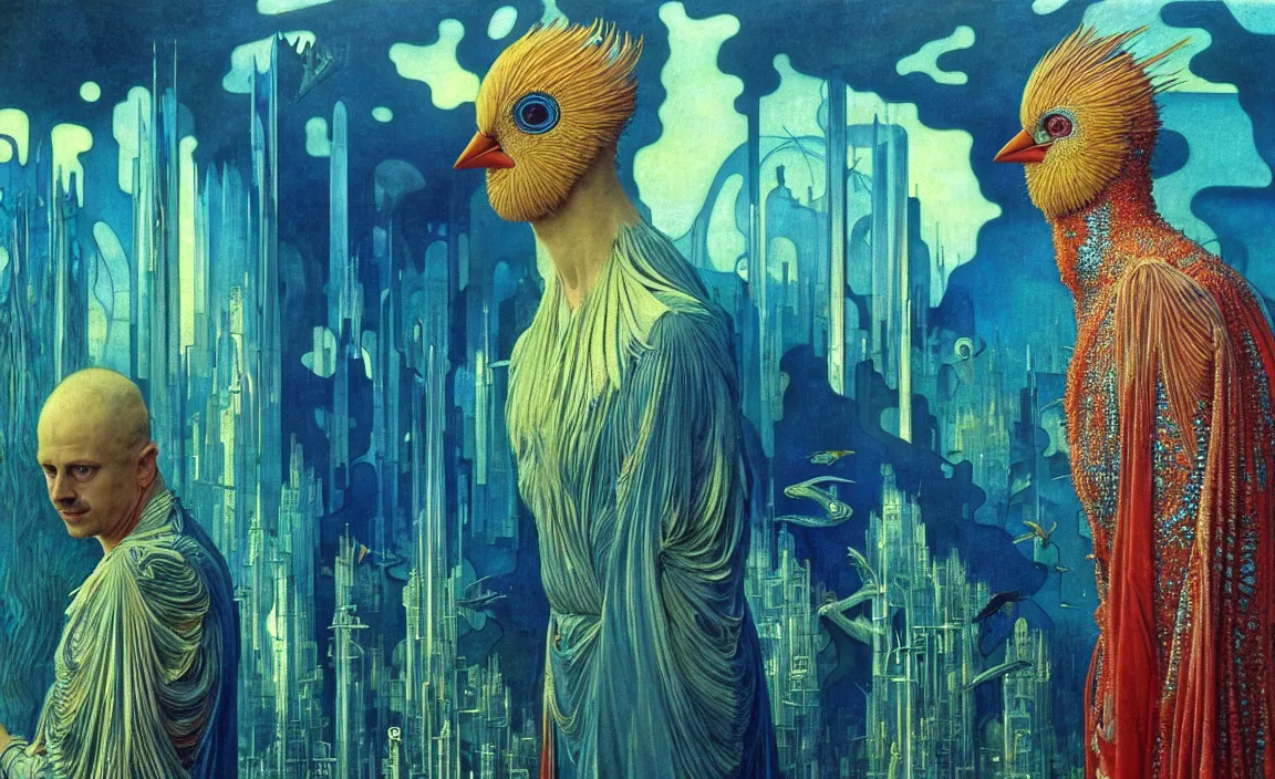 Image similar to realistic detailed portrait movie shot of a birdman wearing reflective transparent robes, sci fi city landscape background by denis villeneuve, amano, yves tanguy, alphonse mucha, ernst haeckel, max ernst, roger dean, masterpiece, rich moody colours, blue eyes