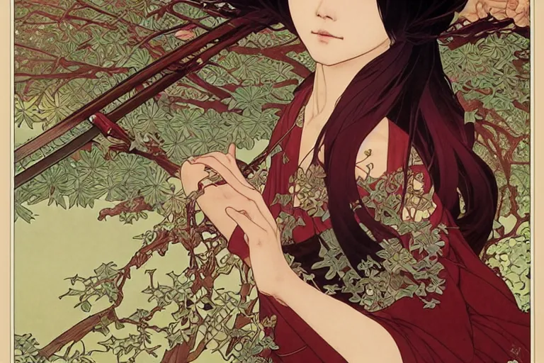 Prompt: beautiful cinematic fantasy poster, asian woman 4 arms side view using a bokken in forest ; intricate complexity, by shigenori soejima, krenz cushart, alphonse mucha, takato yamamoto, conrad roset, 4 k, beautiful, high quality - h 9 6 0