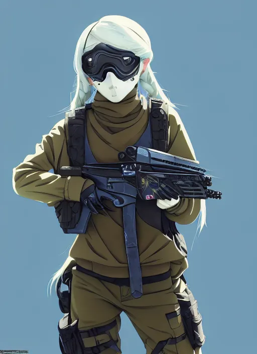 Prompt: a paintball player girl, softair center landscape, illustration, concept art, anime key visual, trending pixiv fanbox, by wlop and greg rutkowski and makoto shinkai and studio ghibli and kyoto animation, symmetrical facial features, hair covered by bandana, white urban pop clothes, blue lens airsoft mask, blue airsoft gun, realistic anatomy