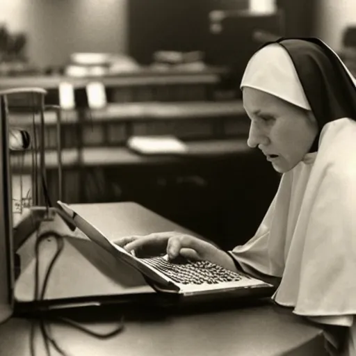 Image similar to award - winning photograph of a nun hunched over a computer while she hacks into the mainframe. the nun's face is beautiful and detailed