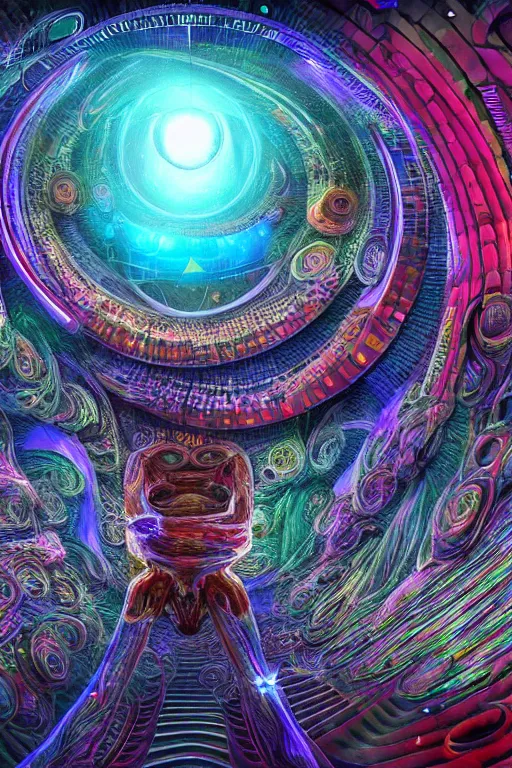 Prompt: the machine universe encounters a living cosmos inside an asymmetric orthogonal non - euclidean upside down inside out world with an infinite cosmic spiral waterfall of living information, inspired by android jones and blake foster, hyperrealistic, extreme detail, psychedelic visionary digital art, concept art, rendered in cinema 4 d, cryengine 8 k