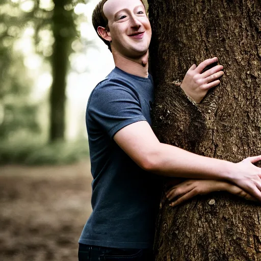 Prompt: high quality photo of mark zuckerberg hugging a tree, photography 4k, f1.8 anamorphic, bokeh, 4k, Canon, Nikon