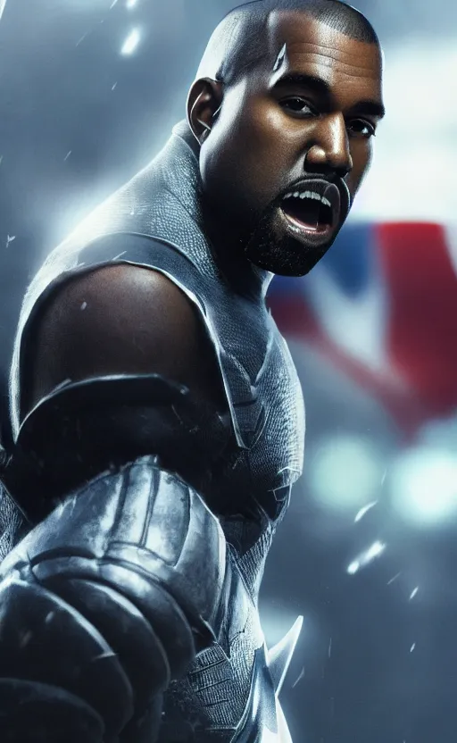 Image similar to Portrait of Kanye West as ((Captain America)) in Skyrim, splash art, movie still, cinematic lighting, dramatic, octane render, long lens, shallow depth of field, bokeh, anamorphic lens flare, 8k, hyper detailed, 35mm film grain