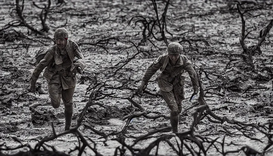 Image similar to screaming World War 1 soldier running across No Mans Land, wartorn landscape, lots of mud puddles and craters, burnt and broken trees, dirty lens, cinematic lighting, IMAX close-up cinematography, 35mm