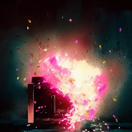 Prompt: a pink microwave exploding with confetti, dramatic lighting, illustration by greg rutkowski, yoji shinkawa, 4 k, digital art, concept art, trending on artstation