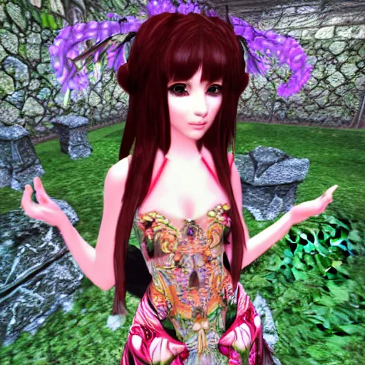 Image similar to cute female forest spirit wearing ornate floral cybernetic mughal valentino resort dress in a 3 d psx ps 2 jrpg style, esoteric scifi magical alien ruins ritual environment, fashion gameplay screenshot, highly detailed, atelier, xenogears