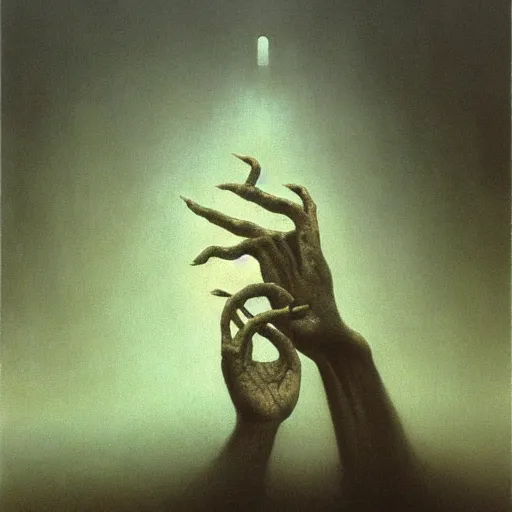 Image similar to hand and arm reaching out of thick fog, zdzislaw beksinski