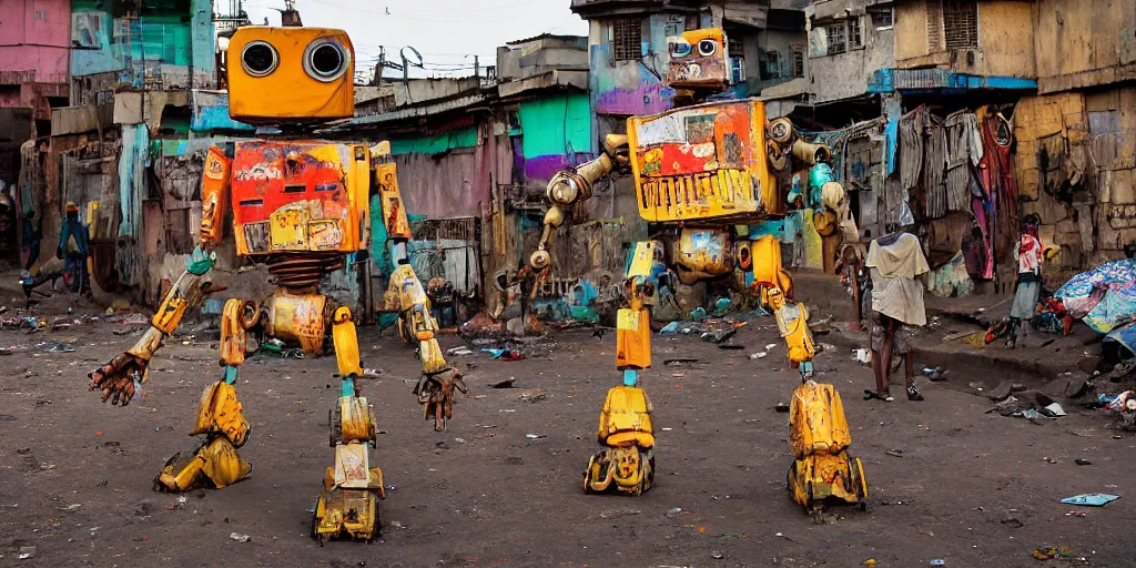 Image similar to colourful but run-down giant mecha ROBOT of AJEGUNLE SLUMS of Lagos, markings on robot, Golden Hour,