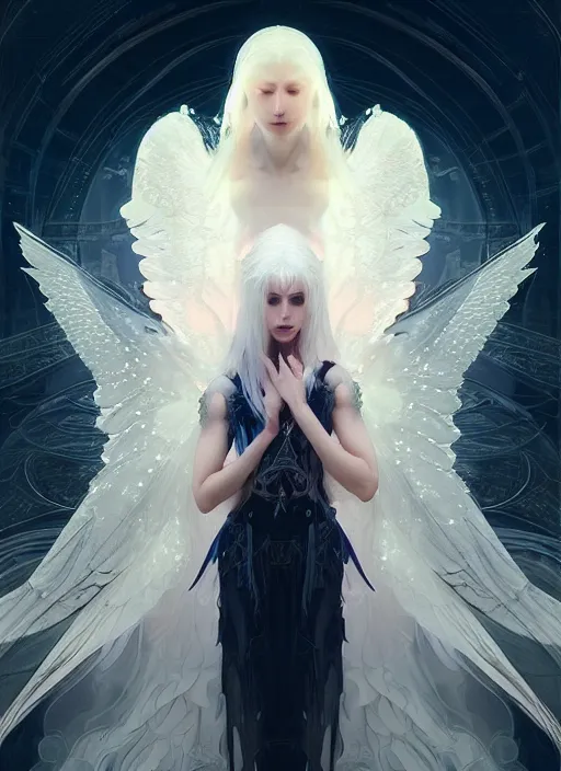 Prompt: a beautiful white haired angel with delicate wings, intricate concept art, ethereal, ominous, mysterious, enchanted, magic, dramatic lighting, illuminated lines, outrun, vaporware, illuminated runes, cyberpunk darksynth, dark background, 8 k, by ruan jia and krenz cushart and alphonse mucha