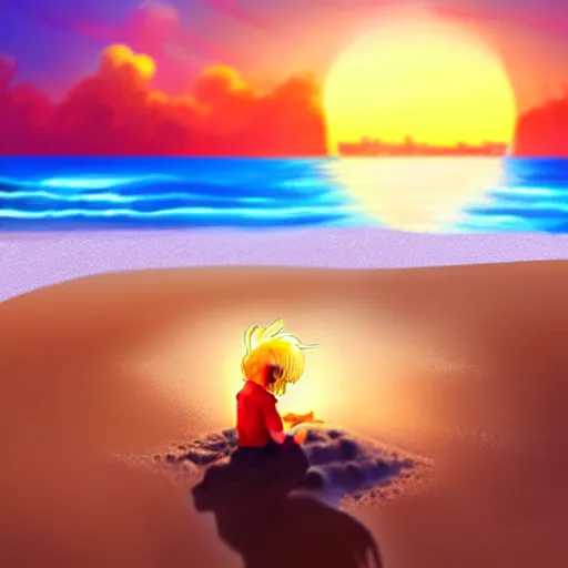 Prompt: beautiful, detailed digital painting of a blond-haired child making sandcastles on the beach and looking at the sunset, anime by Makoto Shinkai, sand, waves, trending on artstation