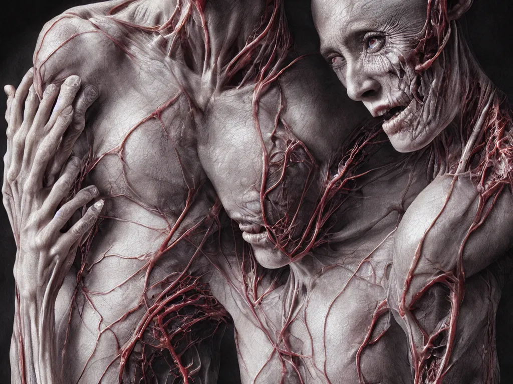 Prompt: female human with translucent skin, visible muscles and veins and arteries and bones and spines and nerves, beautiful detailed intricate insanely detailed octane render, 8k artistic photography, photorealistic, chiaroscuro, by David Cronenberg, Raphael, Caravaggio