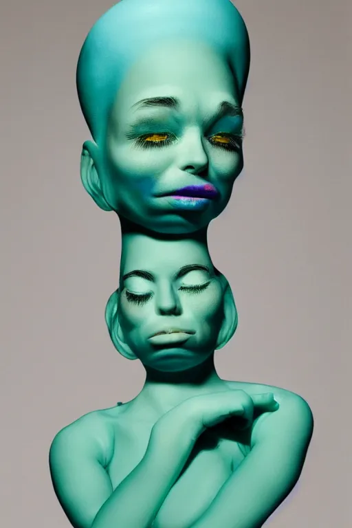 Image similar to 3 d full head and shoulders beautiful porcelain colourful woman with a sad expression and crying eyes by theodor seuss geisel and daniel arsham