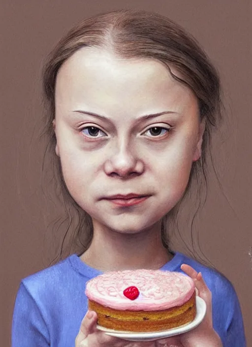 Image similar to greta thunberg eating cakes painted by nicoletta ceccoli, detailed digital art, trending on Artstation