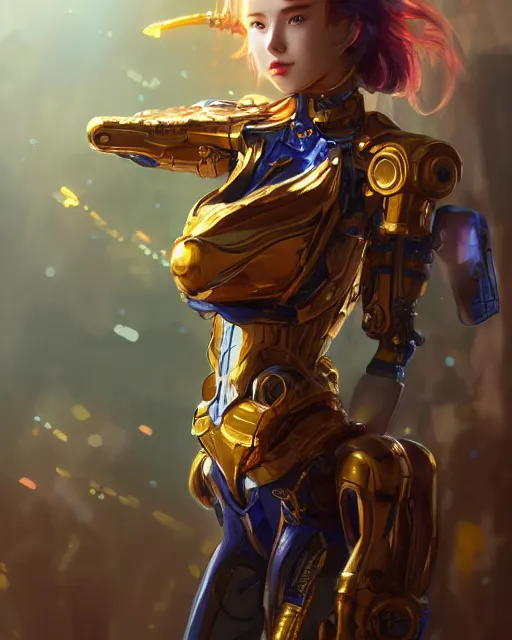 Image similar to holy cyborg girl with golden armor, elegant, scifi, futuristic, utopia, garden, colorful, lee ji - eun, illustration, atmosphere, top lighting, blue eyes, focused, artstation, highly detailed, art by yuhong ding and chengwei pan and serafleur and ina wong