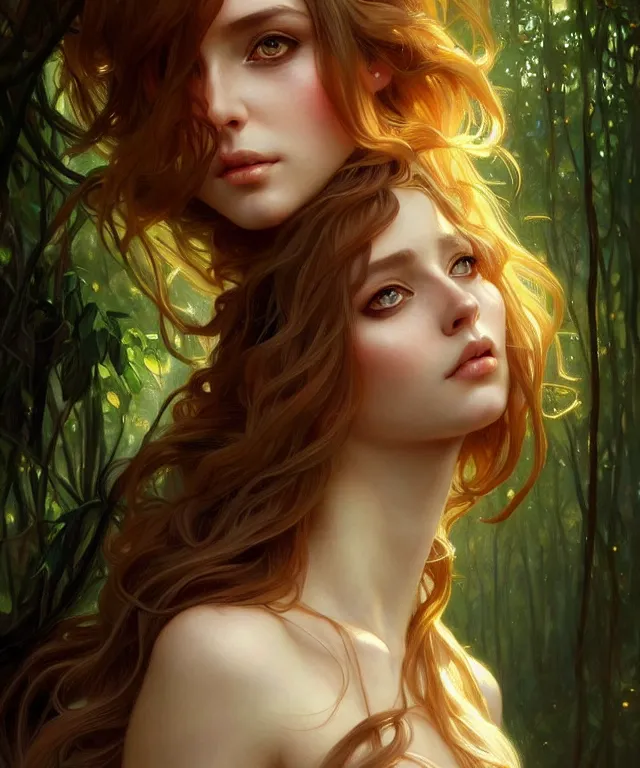 Image similar to Forest nymph woman portrait, amber eyes, face, long hair, fantasy, intricate, elegant, highly detailed, digital painting, artstation, concept art, smooth, sharp focus, illustration, art by artgerm and greg rutkowski and alphonse mucha