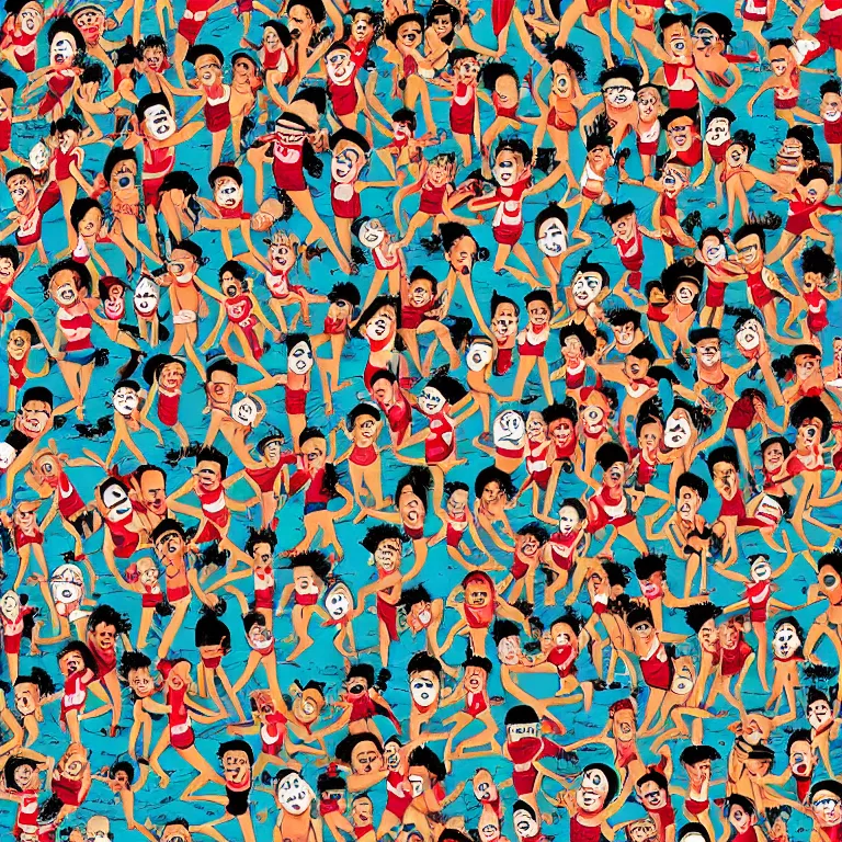 Image similar to high detailed full page spread from the where's waldo at a densely populated beach, high angle medium wide, where's waldo character large in the top right, high detail illustration, coherent