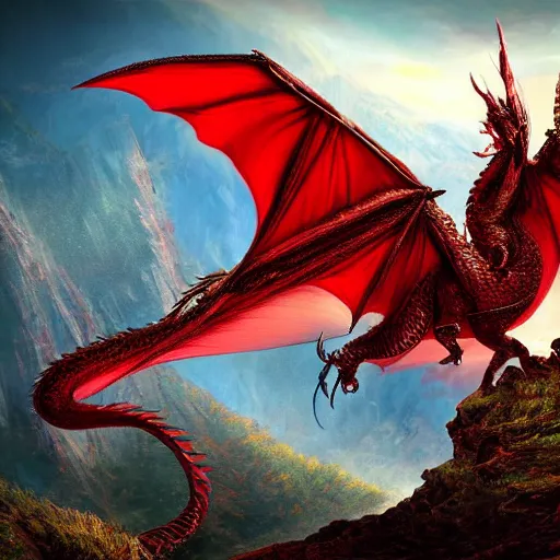 Prompt: red dragon flying in mountain landscape, digital art, epic, fantasy, intricate, hyper detailed, devianart, concept art, smooth, sharp focus, ray tracing, vibrant, photorealistic, rj palmer